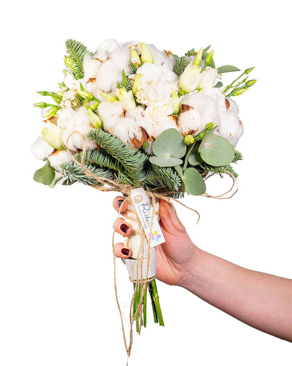 Bouquet di cotone che, nel linguaggio dei fiori, è sinonimo di fedeltà e di cura per il prossimo; associato alle persone che si prendono carico degli altri sostenendoli e proteggendoli da chiunque possa fargli del male.  Bouquet realizzato con:      Felce     Eucalipto     Lisianthus     Cotone